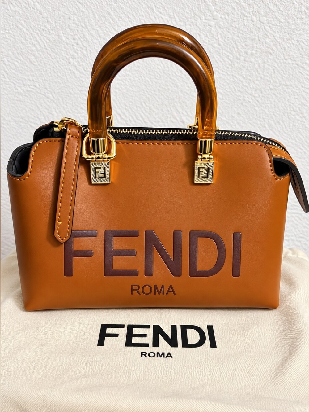 Fendi Mini Top-Handle Bag in Amber Brown with Dark Logo